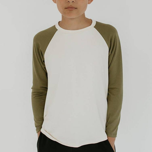 Cream & Olive Bamboo/Cotton Baseball Raglan Shirt - Little & Lively